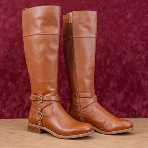 Michael Kors Women Brown Leather MK Logo Riding Fashion Knee Boots sz 5